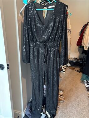 Mustard Seed Black Sequin V-Neck Jumpsuit